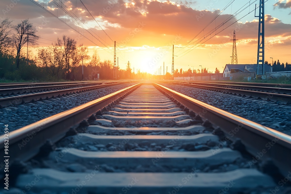 Railroad tracks leading towards a sunset with a bright glowing sun, symbolizing hope and opportunity. Railroad tracks leading towards a sunset with a bright glowing sun, symbolizing hope and opportunity.