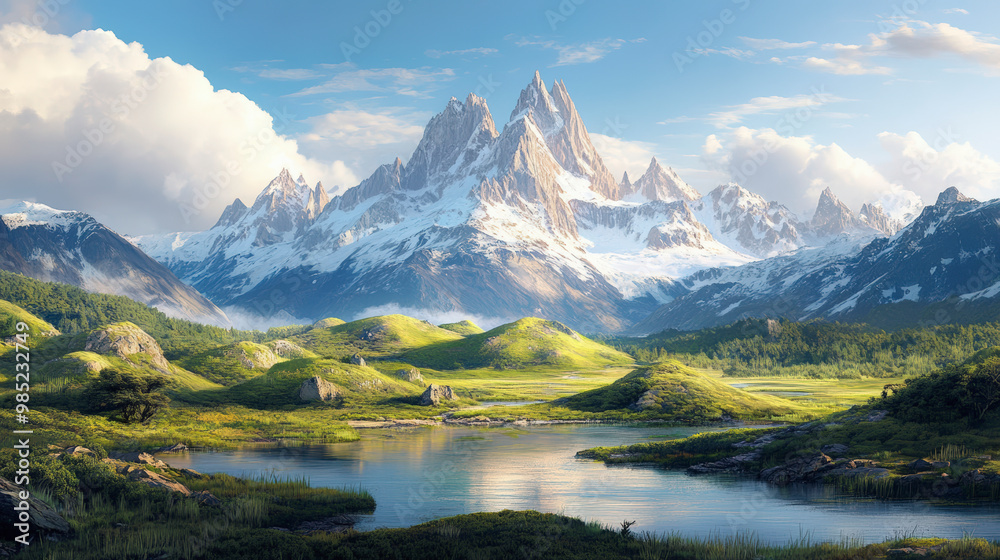 A serene landscape featuring a picturesque lake, lush green hills, and majestic snow-capped mountains under a bright, clear sky. A serene landscape featuring a picturesque lake, lush green hills, and majestic snow-capped mountains under a bright, clear sky.