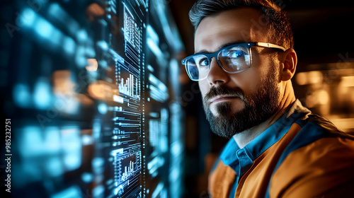 Man Looking at Data Screen ...