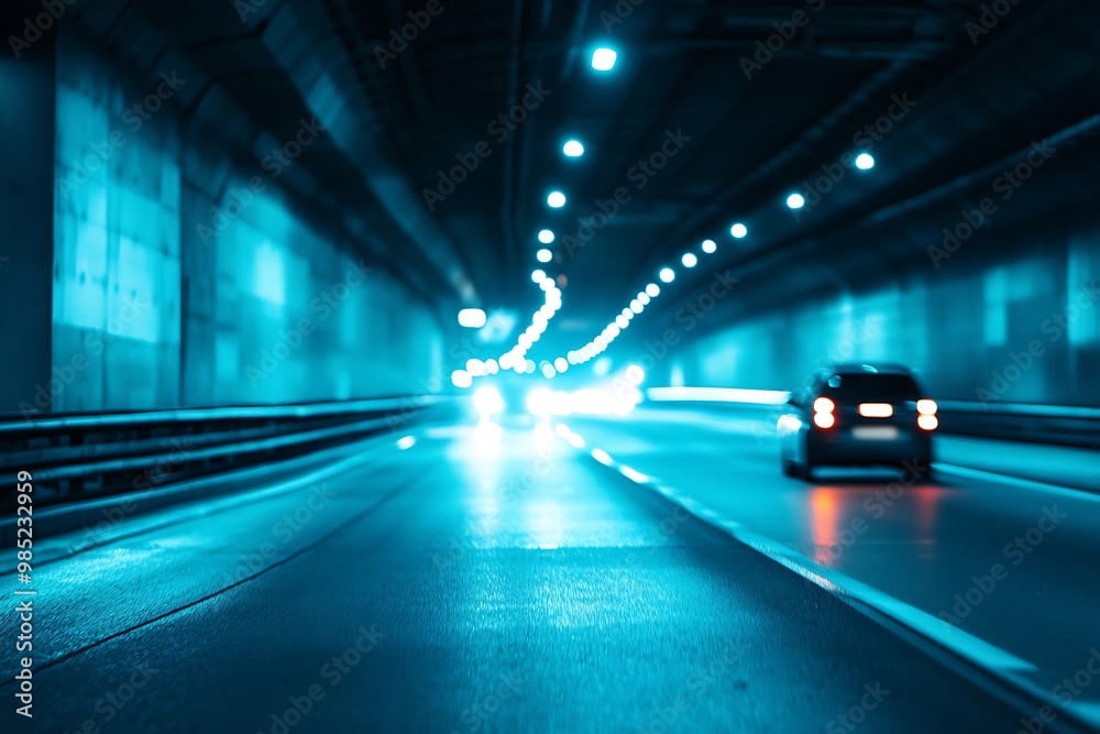 Fototapeta premium Car driving through a lit tunnel at night, abstract blur, long exposure