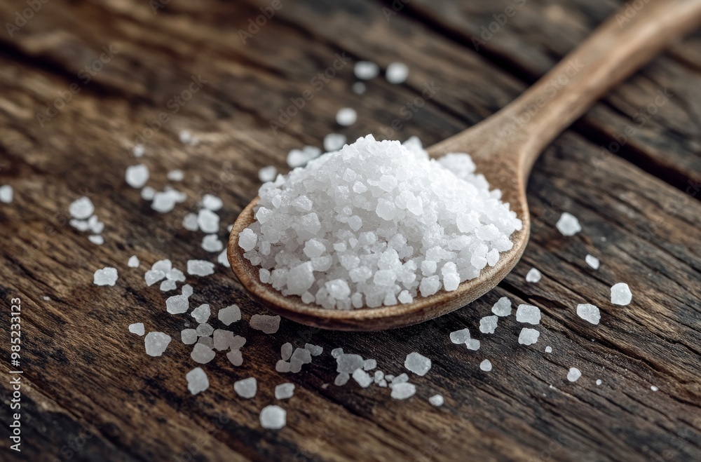 Close up of a Wooden Spoon Filled with Coarse Sea Salt Crystals on a Rustic Wooden Surface Close up of a Wooden Spoon Filled with Coarse Sea Salt Crystals on a Rustic Wooden Surface