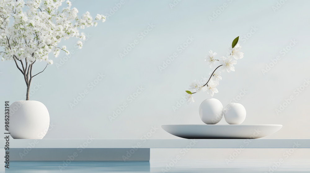 Minimalistic d?cor featuring white flowers in a vase and delicate blossoms arranged on a white plate, creating a serene and elegant atmosphere. Minimalistic d?cor featuring white flowers in a vase and delicate blossoms arranged on a white plate, creating a serene and elegant atmosphere.