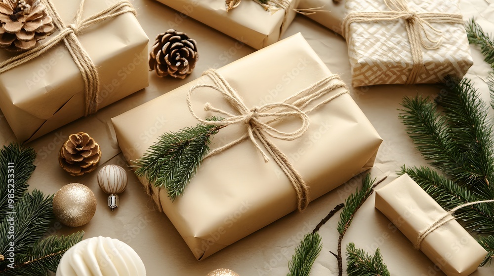 Eco-friendly Christmas presents wrapped in brown paper and natural twine, showcasing a minimalistic and sustainable gift-giving approach. Promoting green holiday gifting, sustainable packaging Eco-friendly Christmas presents wrapped in brown paper and natural twine, showcasing a minimalistic and sustainable gift-giving approach. Promoting green holiday gifting, sustainable packaging