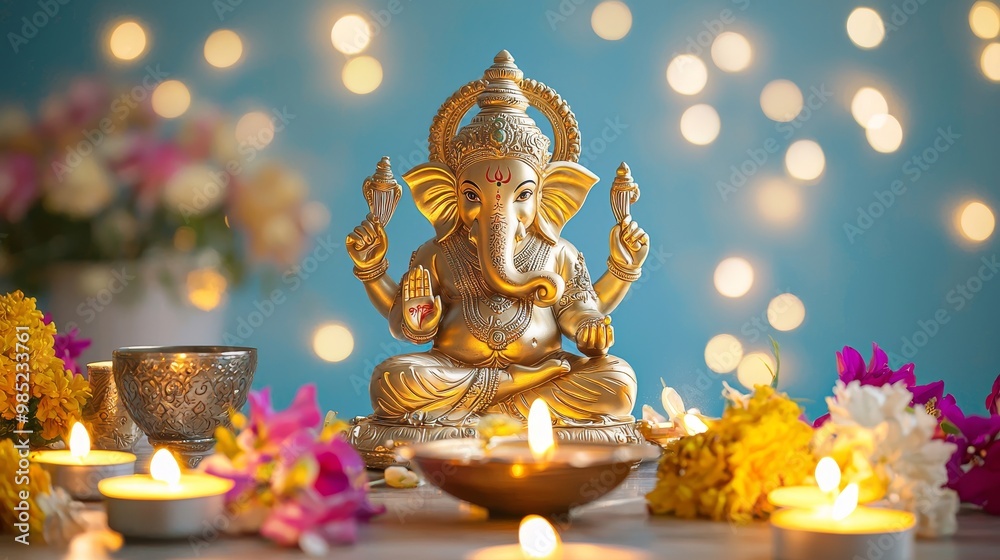 Golden Ganesha statue radiating divine energy surrounded by glowing candles and flowers generative ai