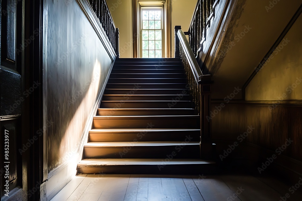 Obraz premium Sunlit Wooden Staircase in an Old Building Interior
