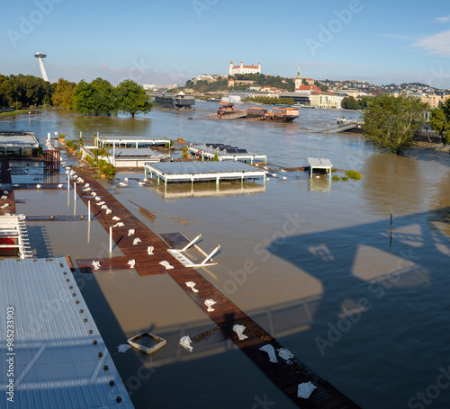 Photography Bratislava - The flood on the Danube river from Odl Bridge - Castle and SNP bridge in 17