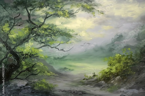 Modern landscape painting on canvas with green, grey colors. Beautiful artwork of mountain, field, lake, water. Dreamy illustration of nature with creative brushstrokes. Oil painting style with