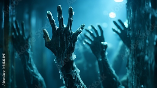 Spooky many zombie hands outside the window, blue glowing. Halloween concept.