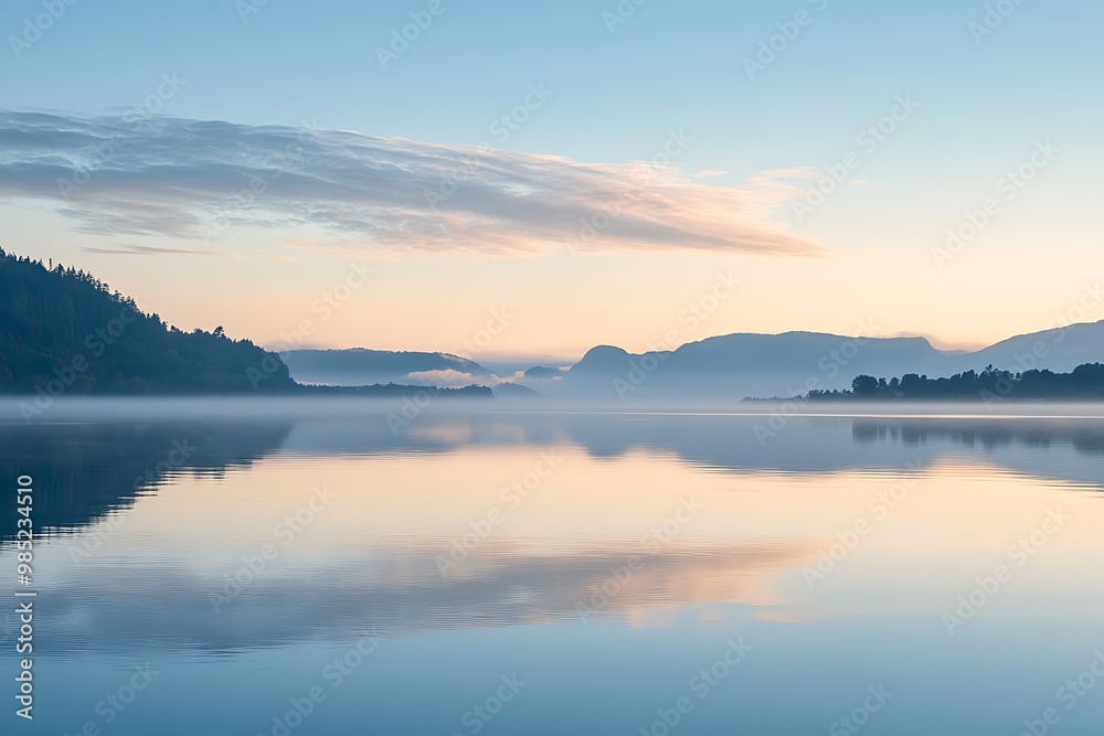 Misty Morning over Still Lake with Mountain Silhouette Misty Morning over Still Lake with Mountain Silhouette