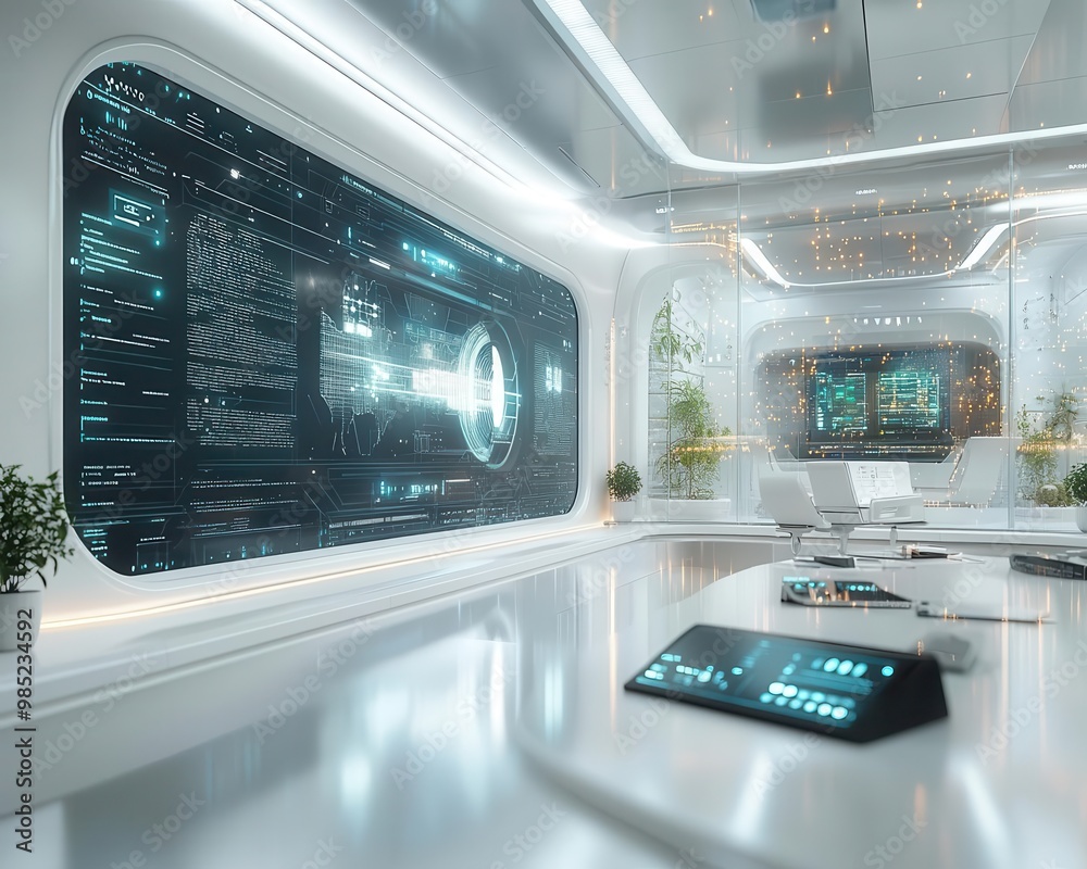 Smart technology in use in a modern office, futuristic style, sharp focus, bright lighting, high detail Smart technology in use in a modern office, futuristic style, sharp focus, bright lighting, high detail