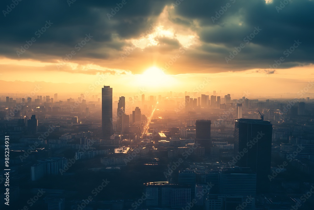 Fototapeta premium Aerial View of City Skyline at Sunset