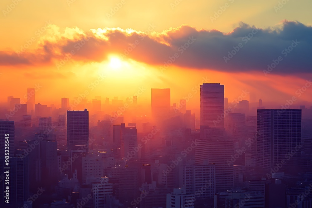 Fototapeta premium Silhouette City Skyline Sunset with Dramatic Orange and Purple Sky