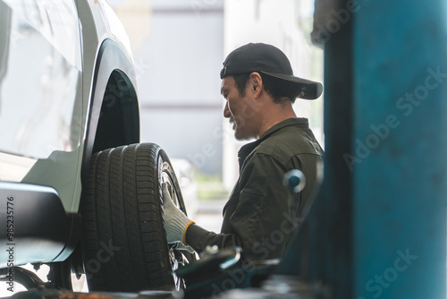 リフトアップした車のタイヤを脱着する整備士の男性
 photo