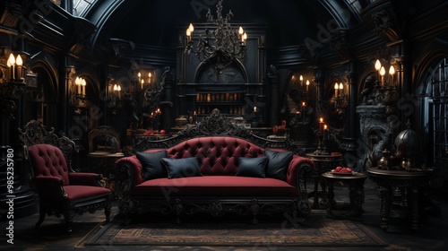 Victorian Vampire's Lair with rich velvet upholstery, Gothic decor, and a dark, vampiric ambiance. Victorian vampire's lair home decor. Template. Halloween gothic vampire dark living room