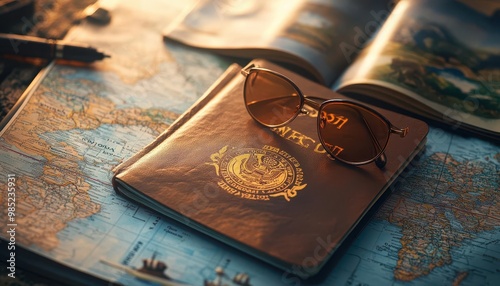 Travel planning with maps, passports, and travel guides, adventurous style, sharp focus, bright lighting, high detail