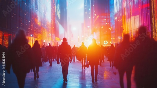 Urban lifestyle with people walking in a busy city, vibrant atmosphere, wide shot, sharp focus, bright lighting