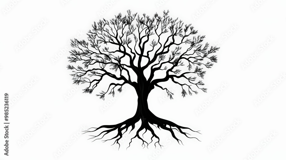 A detailed black silhouette of a large tree with bare, intricate branches and visible sprawling roots on a white background. A detailed black silhouette of a large tree with bare, intricate branches and visible sprawling roots on a white background.