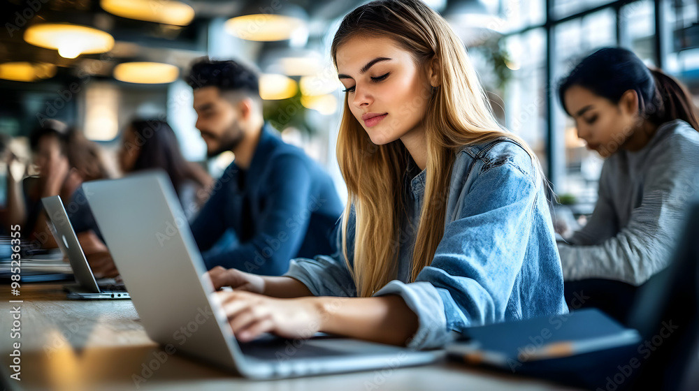 Woman Working on Laptop in Office Setting - Realistic Photo Woman Working on Laptop in Office Setting - Realistic Photo
