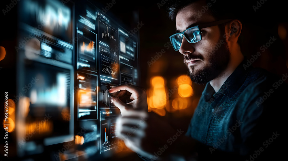 Man Analyzing Data on a Computer Screen - Realistic Image Man Analyzing Data on a Computer Screen - Realistic Image