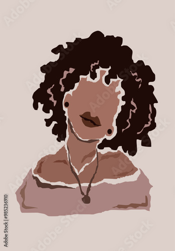 Abstract African woman portrait in minimalist style.Black women print.Female wall art poster.Afro model girl.Beauty lady.Elegant ethnic sketch template.Puff curly hair.American Melanin Queen.