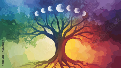 A colorful tree with exposed roots stands against a gradient background, with phases of the moon depicted above its branches in an arc.