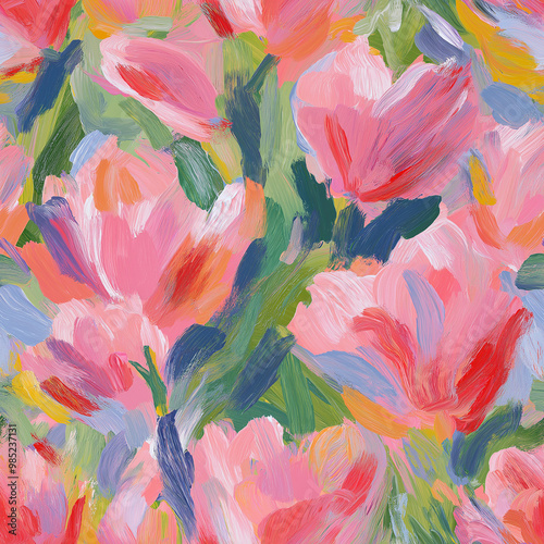 an abstract painting pattern of tulips in a style reminiscent of fauvism or early modernism, fauvist style, energetic and colorful composition, though rendered in a highly abstracted manner