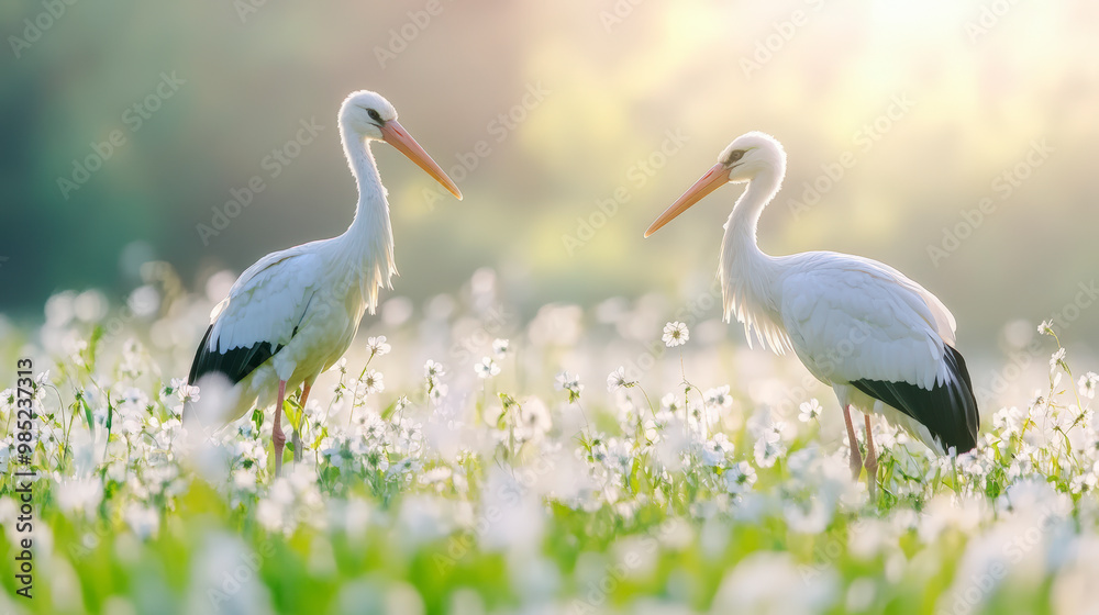 Two white storks stand elegantly amidst a field of blooming white flowers, bathed in soft sunlight creating a serene and tranquil atmosphere. Two white storks stand elegantly amidst a field of blooming white flowers, bathed in soft sunlight creating a serene and tranquil atmosphere.