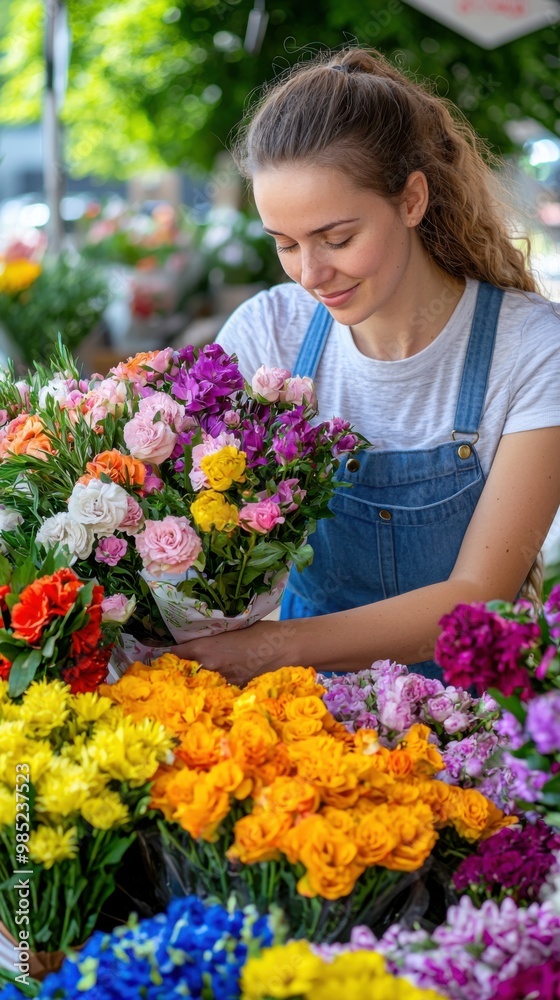 A young woman joyfully arranging a vibrant bouquet of flowers at a colorful market stand, surrounded by blooming floral displays. A young woman joyfully arranging a vibrant bouquet of flowers at a colorful market stand, surrounded by blooming floral displays.
