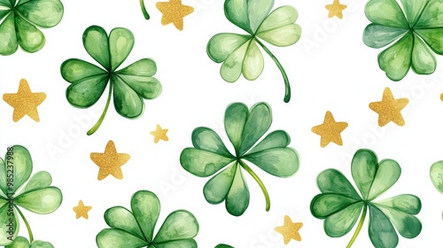 Watercolor painting of green clover leaves and gold stars.