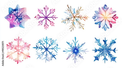 Watercolor snowflakes in different shades of blue and pink.