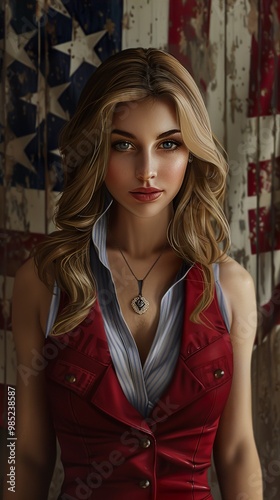 Stunning Blonde Woman in Red Vest with American Flag Background