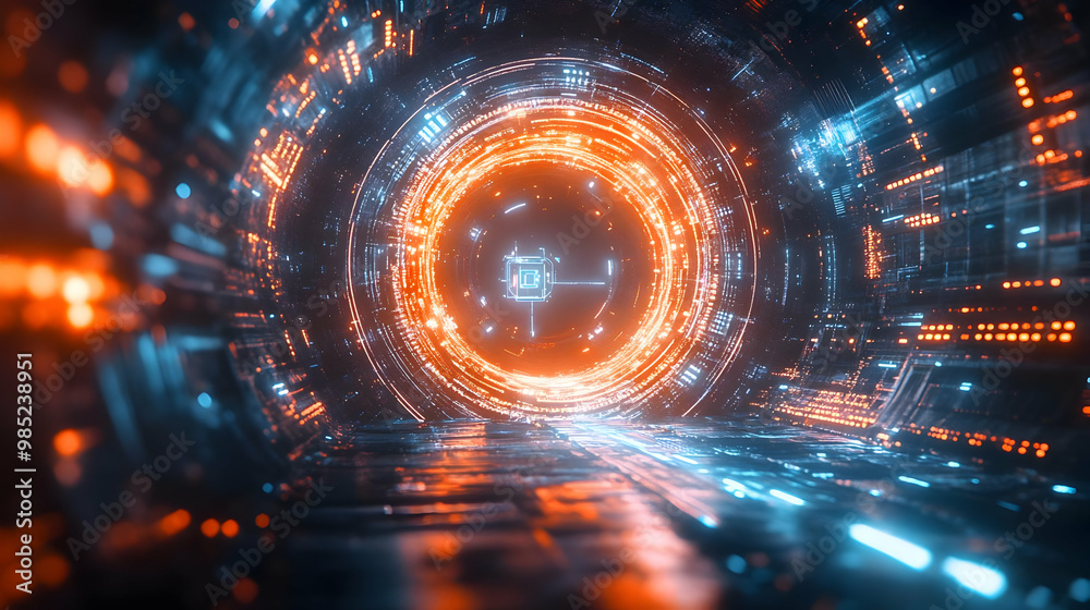 Fototapeta premium Abstract 3D Futuristic Tunnel With Orange And Blue Lights