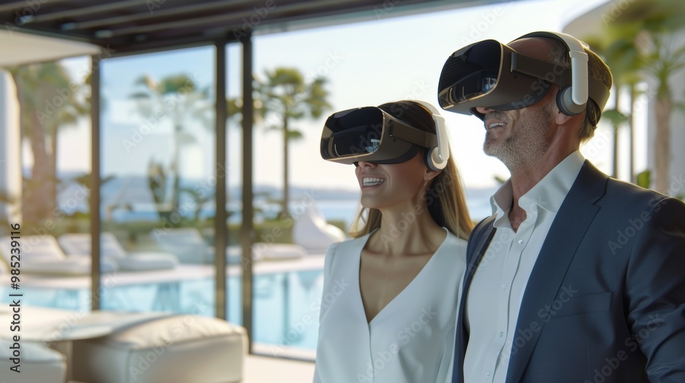 Couple Exploring Virtual Reality Technology in Modern Office Environment Couple Exploring Virtual Reality Technology in Modern Office Environment