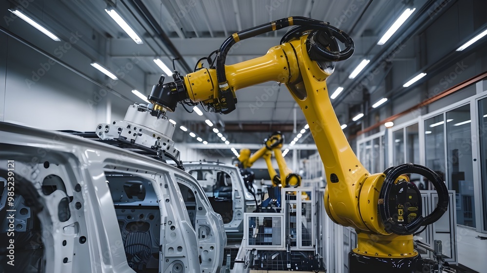 Robotic arm operates on an assembly line in a modern manufacturing facility during the day Robotic arm operates on an assembly line in a modern manufacturing facility during the day