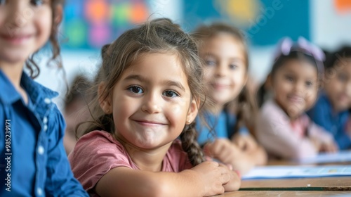 primary elementary school group of children studying in the classroom. learning and sitting at the desk. young cute kids smiling, high quality photo