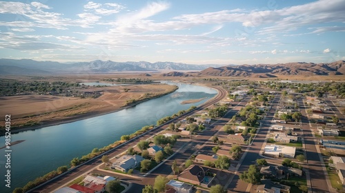 Aerial view of Bullhead City in Arizona, USA. Colorado River flows in the background. Residential homes and trees are visible in the foreground. Scenic and beautiful scenery of outdoors. photo