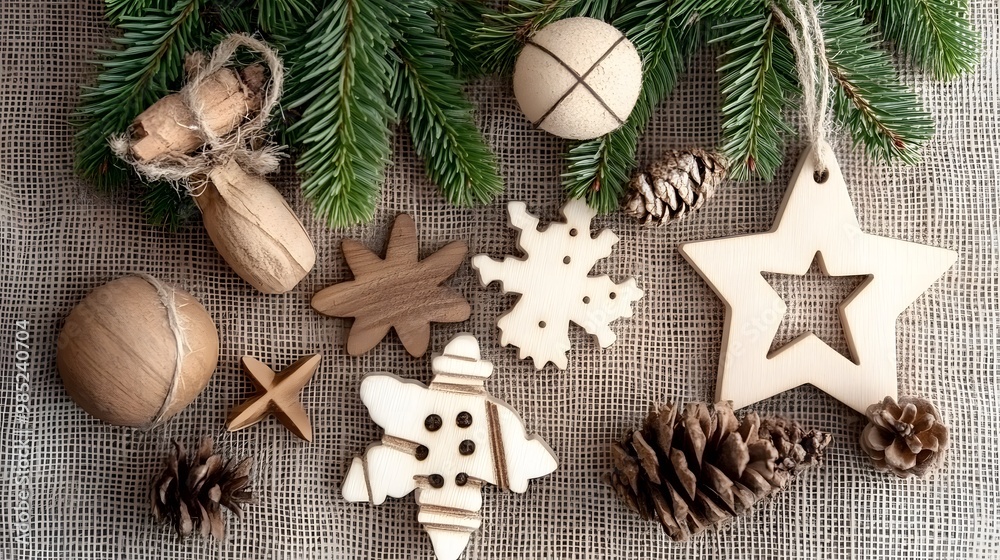 Eco-friendly reusable Christmas decorations made from natural wood and fabric materials, embracing a zero-waste holiday concept. Creating a warm and eco-conscious holiday atmosphere Eco-friendly reusable Christmas decorations made from natural wood and fabric materials, embracing a zero-waste holiday concept. Creating a warm and eco-conscious holiday atmosphere