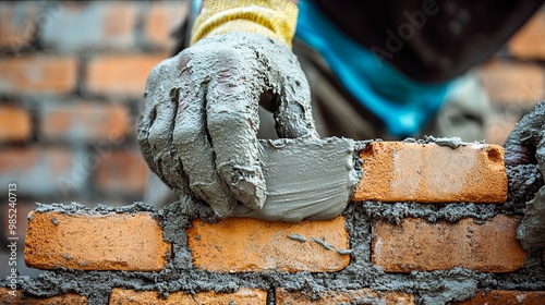 Close-up of a worker's hand applying mortar to a brick wall. photo