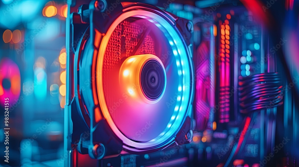 Close-up of a RGB lit computer fan and heatsink Close-up of a RGB lit computer fan and heatsink