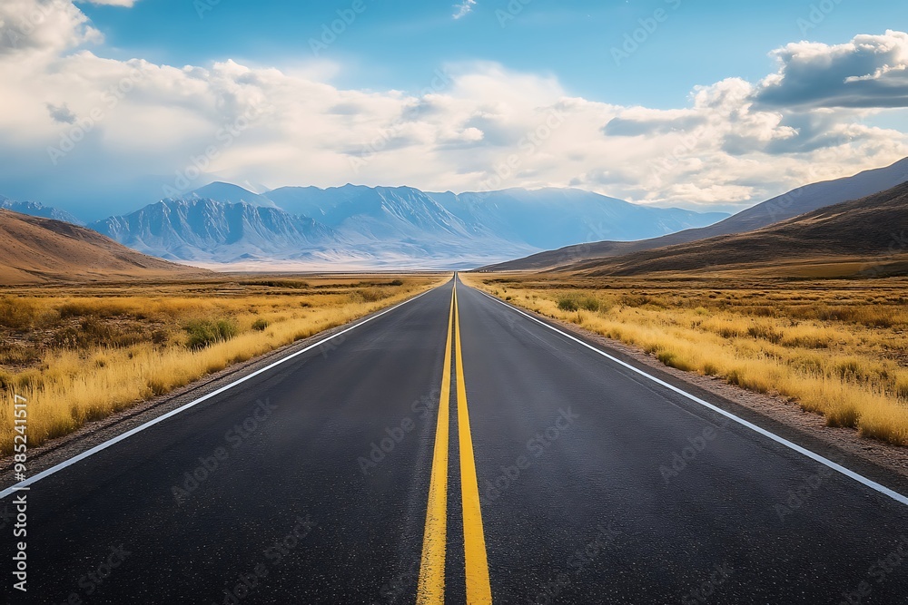 Asphalt road stretching into the horizon, long road ahead, empty highway with mountains in the background Asphalt road stretching into the horizon, long road ahead, empty highway with mountains in the background