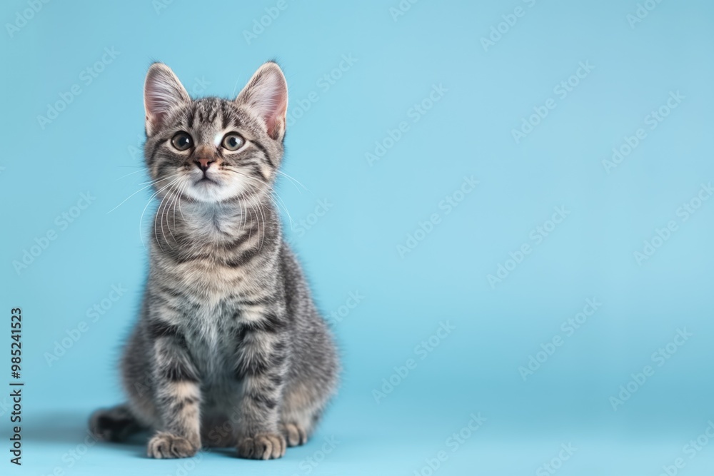 Gray tabby cat sits on light blue background, adorable pet looking lovely. Fluffy fur, whiskers, and cute face. Suitable for copy space, advertisement, and branding. Gray tabby cat sits on light blue background, adorable pet looking lovely. Fluffy fur, whiskers, and cute face. Suitable for copy space, advertisement, and branding.