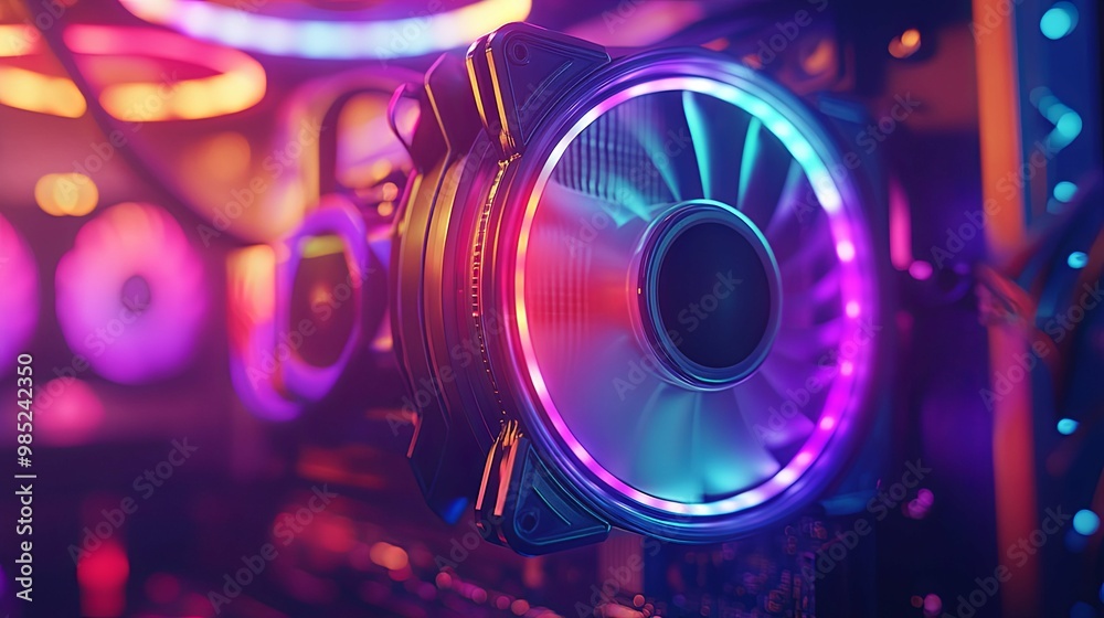 Close-up of a computer fan with RGB lighting Close-up of a computer fan with RGB lighting