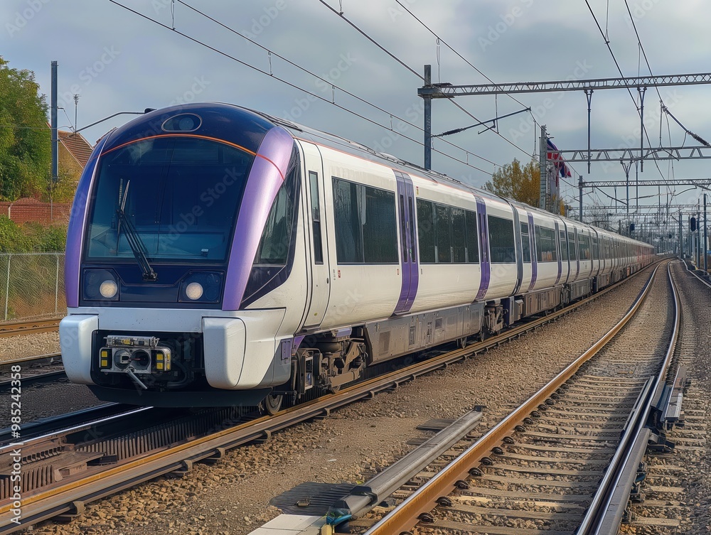 Naklejka premium Elizabeth Line Train at Shenfield station. Modern train on busy railway line with cloudy sky, rural road and industrial buildings in background. Scenic view of train travel through countryside.