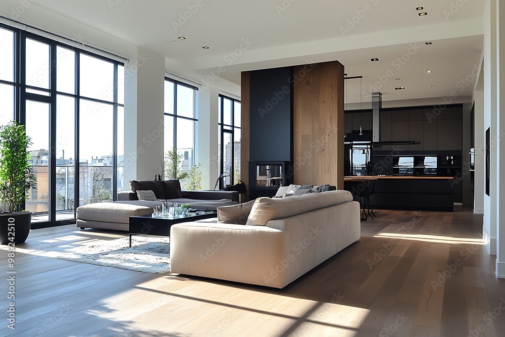 Fototapeta premium Modern open plan living room with large windows, fireplace, and minimalist design