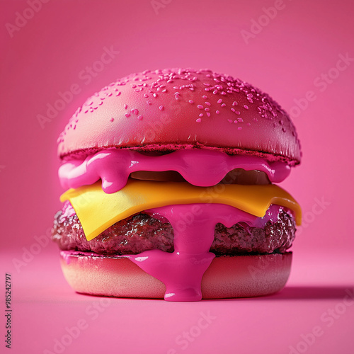 A pink cheeseburger with a pink bun on top against a pink background.Minimal creative food concept.Copy space,flat lay 