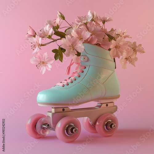 A pastel green roller skate  is adorned with a vibrant array of flowers in shades of fuchsia, purple,  and green,  on top of the shoe.Minimal creative fashion and nature concept.Copy space,flat lay