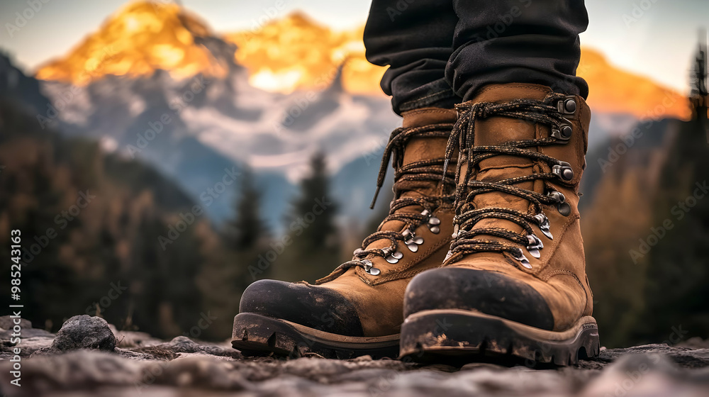 Hiking Boots on a Mountain Trail Realistic Image Hiking Boots on a Mountain Trail Realistic Image
