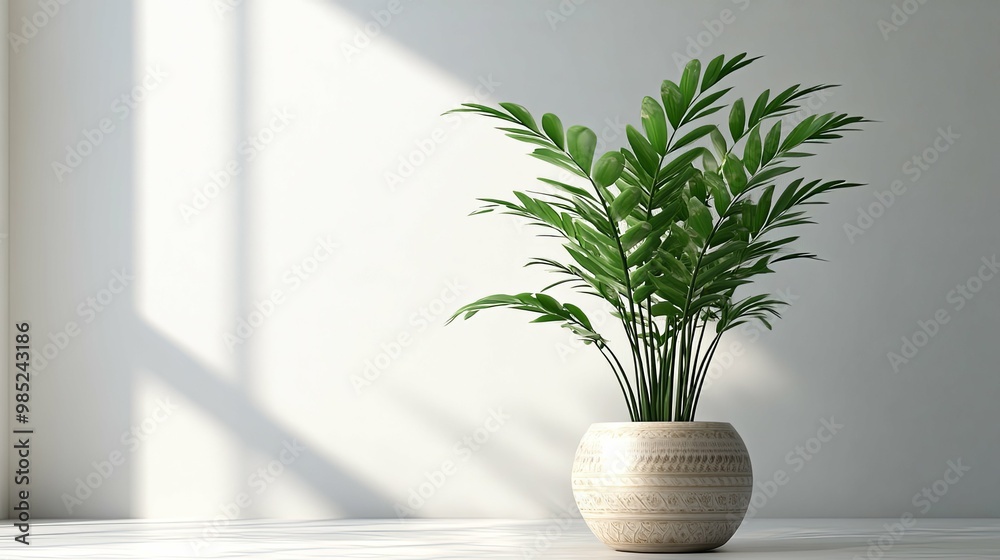 Green Plant in a White Pot with a White Wall Background Green Plant in a White Pot with a White Wall Background