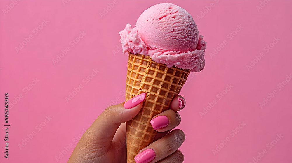 Pink Ice Cream Cone in Hand - Realistic Image Pink Ice Cream Cone in Hand - Realistic Image