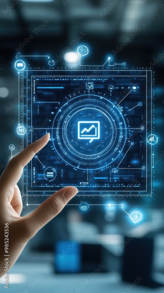 A futuristic interface displaying data analytics and technology visuals. A futuristic interface displaying data analytics and technology visuals.
